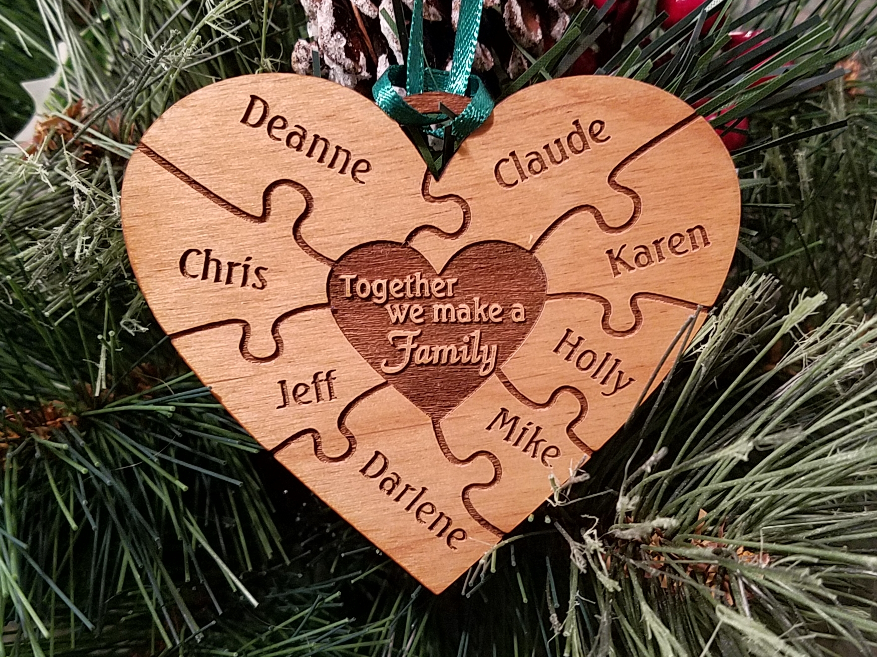 Family Heart Puzzle Christmas Onrament - Alder Wood