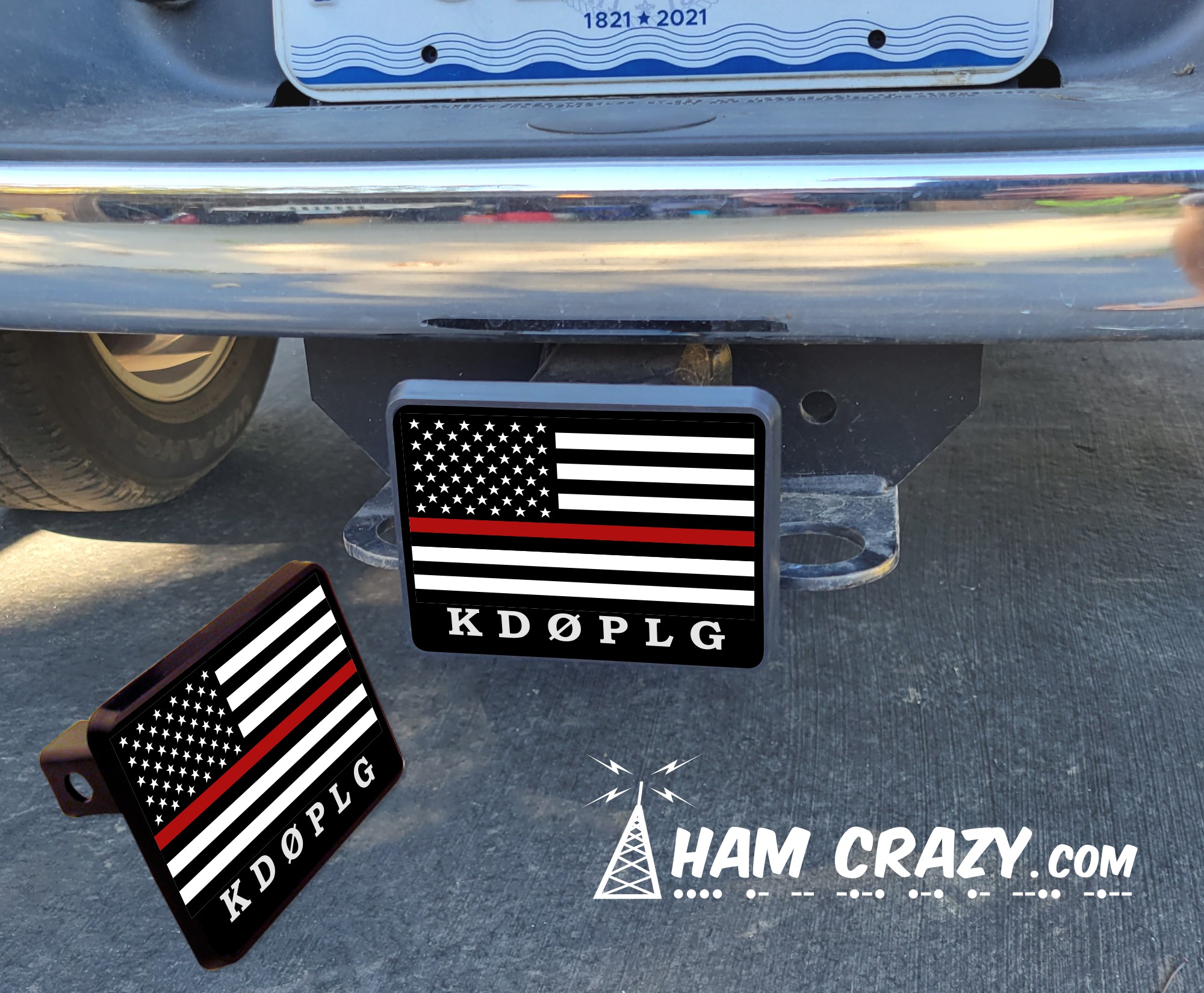 Ham Radio Call Sign Hitch Cover American Flag & Firefighter Red