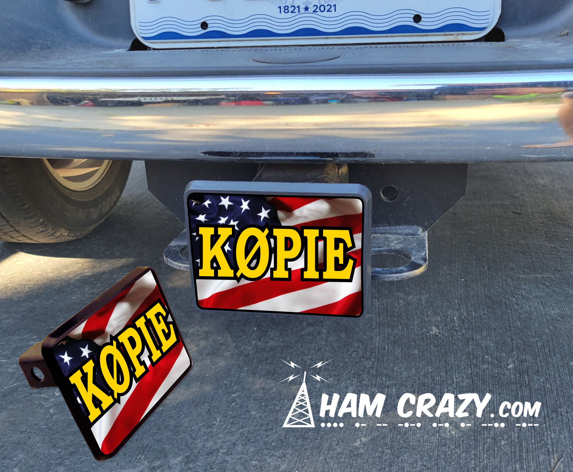 Yellow Ham Call Sign Hitch Cover with American Flag