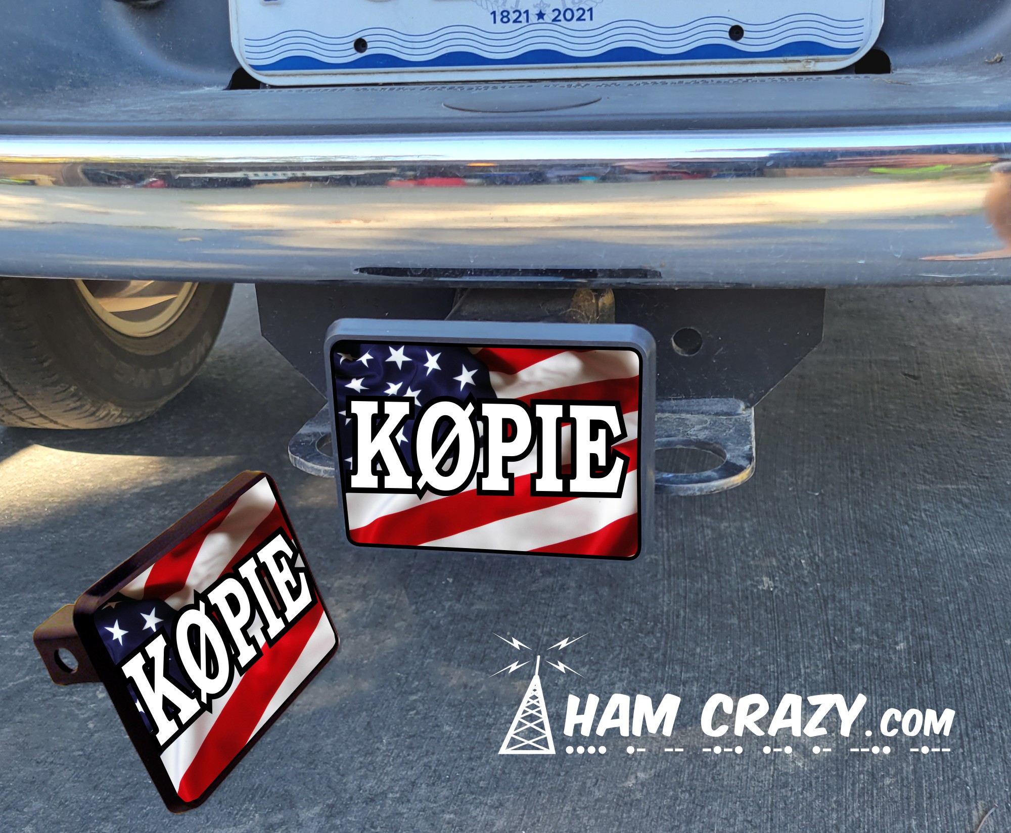 White Ham Call Sign Hitch Cover with American Flag