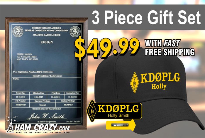 Gift Set - Hat, Name Badge & Walnut FCC License Plaque - Yellow - Click Image to Close