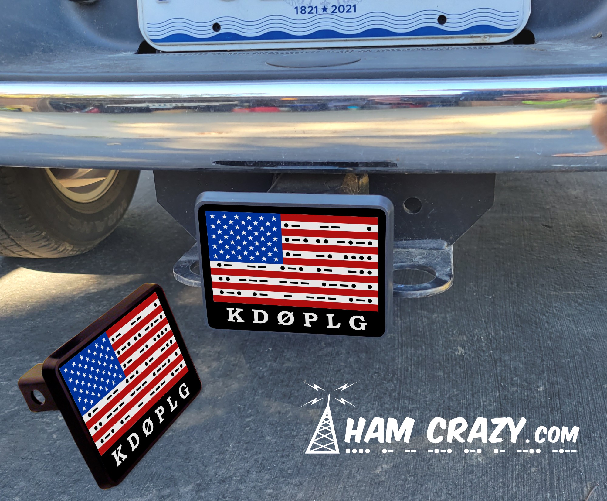 Ham Radio Call Sign Hitch Cover with American Flag & Morse Code