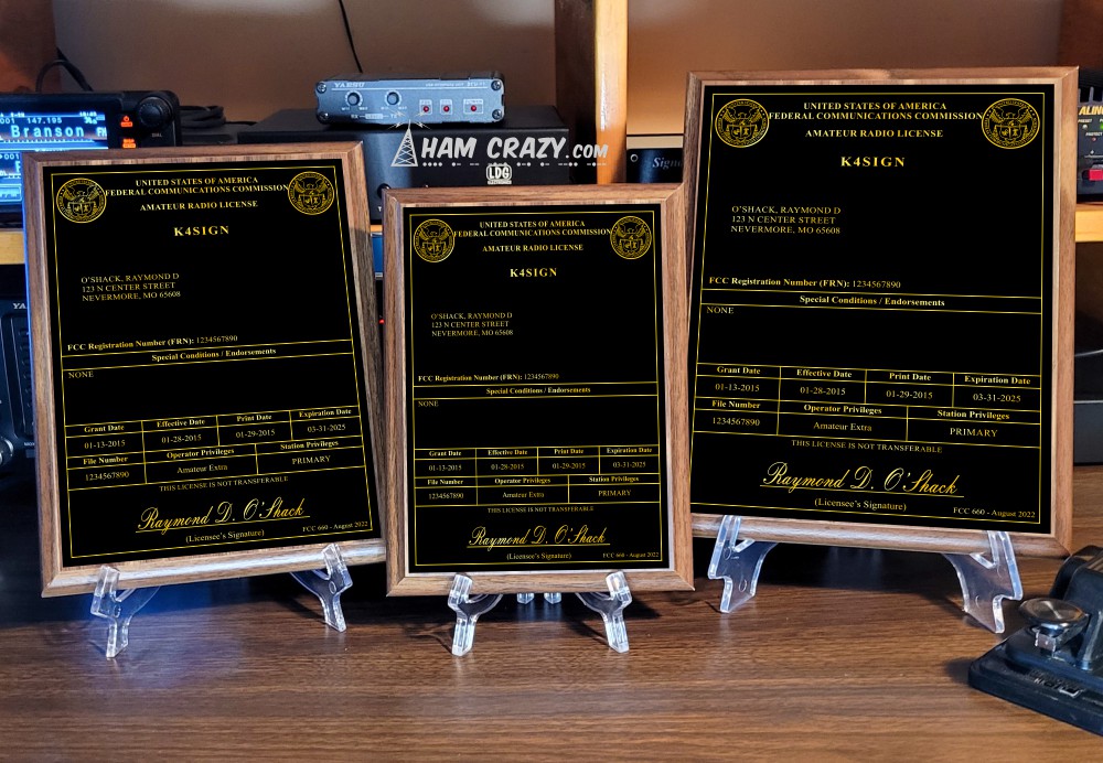 Amateur Radio License Plaque - Black & Gold on Walnut